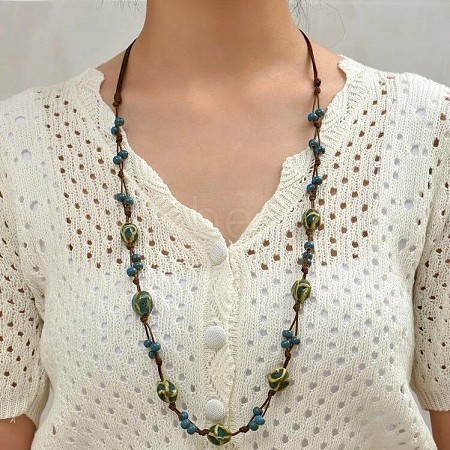 Bohemian Handmade Colorful Porcelain Beaded Waxed Cord Long Necklaces for Women FS-WGF474B-06-1