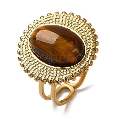 Oval Natural Tiger Eye Finger Rings RJEW-Q822-10G-1