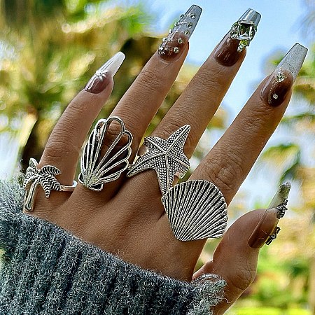 4Pcs 4 Styles Alloy Starfish/Shell Shape/Coconut Tree Finger Rings for Unisex PW-WG2B6F0-01-1