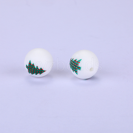 Christmas Printed Round with Christmas Tree Pattern Silicone Focal Beads LS-SI-JX0056A-120-1