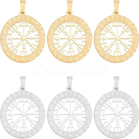 Unicraftale 6Pcs 2 Colors 304 Stainless Steel Norse Viking Compass Amulet Pendants STAS-UN0038-27-1