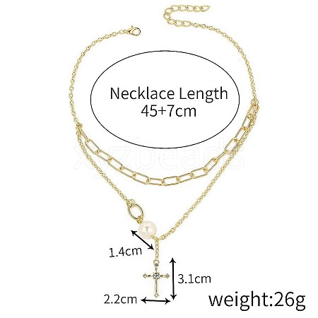 Alloy & Round Imitation Pearl Cross Pendant Double Layer Necklaces for Women FS-WGA4DD0-06-1