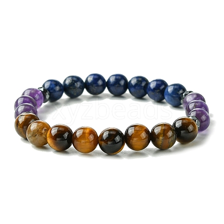 8mm Round Natural Tiger Eye & Natural Lapis Lazuli & Natural Amethyst & Non-Magnetic Synthetic Hematite Beaded Stretch Bracelets BJEW-JB10901-02-1