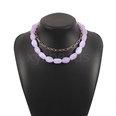 Opaque Resin Oval Beaded Alloy Paperclip Chain Double Layer Necklaces FS-WG06472-01-1