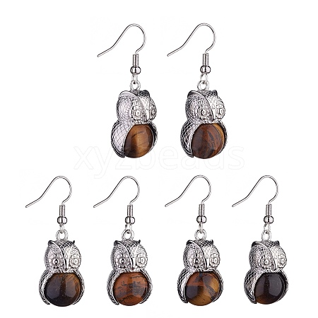 Natural Tiger Eye Owl Dangle Earrings EJEW-A092-08P-12-1