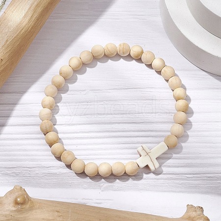 Natural Wood Beads Stretch Bracelets for Women BJEW-JB11338-01-1