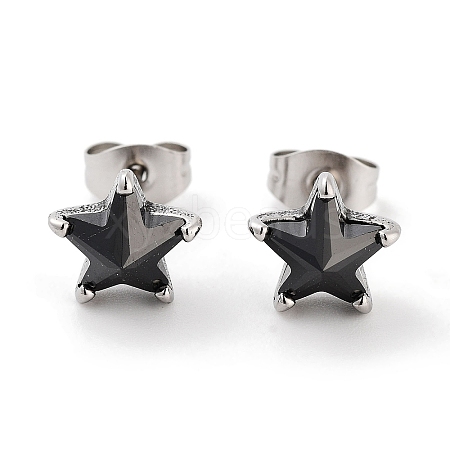 Star 316 Surgical Stainless Steel Pave Black Cubic Zirconia Stud Earrings for Women Men EJEW-Z050-21AS-1