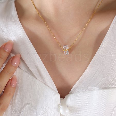 Rectangle Glass Pendant 304 Stainless Steel Cable Chain Necklaces for Women FS-WGAF7A7-04-1