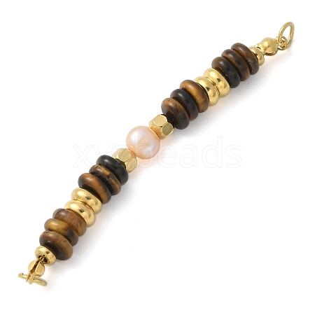 Natural Tiger Eye & Plastic Imitation Pearl Disc Beaded Connector Charms/Links STAS-L277-11G-01-1