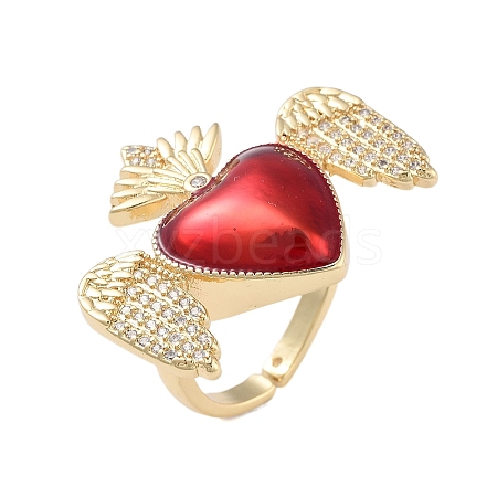 Rack Plating Heart with Wing Brass Micro Pave Cubic Zirconia Open Cuff Rings for Women RJEW-B064-02G-01-1