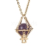 Brass Macrame Pouch Natural Amethyst Inside & 304 Stainless Steel Pendant Necklaces for Women NJEW-JN05607-03-3