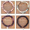 FIBLOOM 4Pcs 4 Styles Natural Mixed Gemstone Round Beaded Stretch Bracelets Set with Alloy Heart Charms BJEW-AN0001-72-1