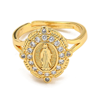 Oval with Saint Rack Plating Brass Micro Pave Cubic Zirconia Adjustable Rings RJEW-I105-04G-08-1