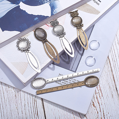 Tibetan Style Bookmark Cabochon Settings and Transparent Oval Glass Cabochons TIBE-SC0001-05-1