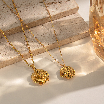 304 Stainless Steel Vintage 3D Rose Flower Pendant Necklaces for Women AM0132-1