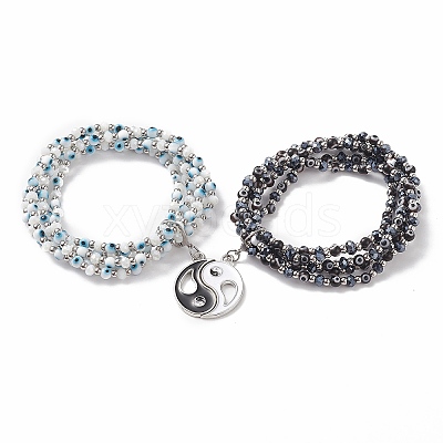 2Pcs 2 Color Lampwork Evil Eye & Glass Stretch Multi-strand Bracelets Set BJEW-JB08785-1