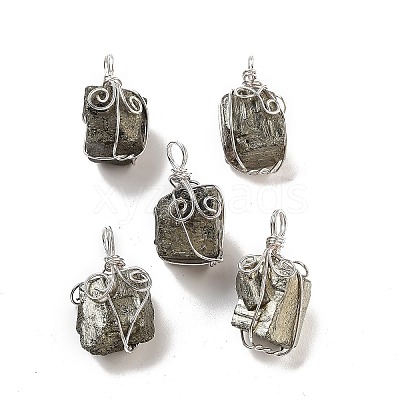 Cuboid Brass Natural Pyrite Pendants G-N0145-10P-1
