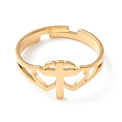 Double Heart with Cross 304 Stainless Steel Adjustable Ring for Women RJEW-B035-06G-1