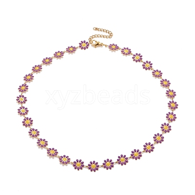 Enamel Daisy Link Chain Necklace NJEW-P220-01G-02-1