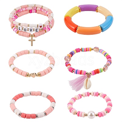 8Pcs 8 Style Love Word Polymer Clay Heishi Beaded Stretch Bracelets Set for Teen Girl Women BJEW-SZ0001-79-1