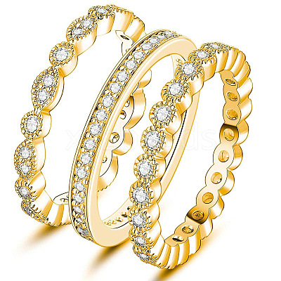 3Pcs 3 Styles Brass Micro Pave Clear Cubic Zirconia Finger Rings for Women FS-WG3CB6F-02-1