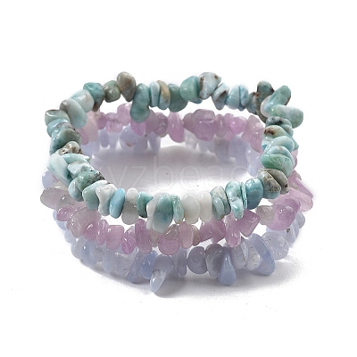 Chips Natural Larimar & Blue Lace Agate & Kunzite Beaded Stretch Bracelets Sets BJEW-JB05332-01-1