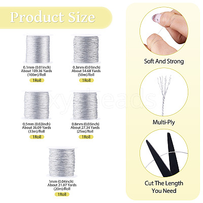 5 Rolls 5 Sizes Round PET Metallic Thread MCOR-TA0001-02A-1