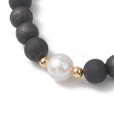 Natural Shungite & Cultured Freshwater Pearl Round Beaded Stretch Bracelets for Women BJEW-JB13321-02-1