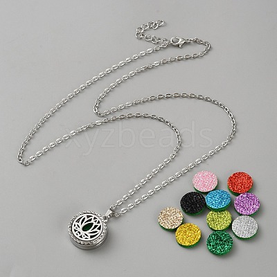 Stainless Steel Flat Round with Lotus Flower Essential Oil Diffuser Locket Pendant Necklaces for Women NJEW-WH0023-72-1