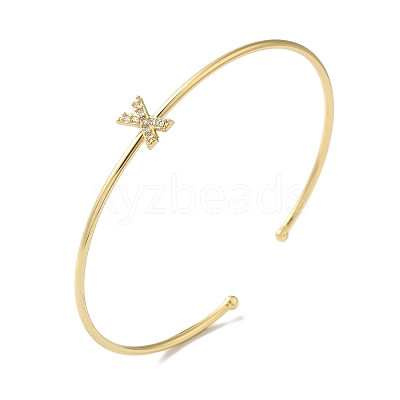 Rack Plating Brass Micro Pave Clear Cubic Zirconia Letter Open Cuff Bangles BJEW-A018-01G-X-1