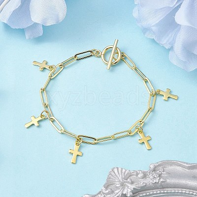 Golden 304 Stainless Steel Charm Bracelets with Brass Paperclip Chains BJEW-JB10031-03-1