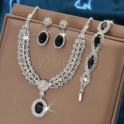 Oval & Horse Eye Brass Rhinestone Necklaces & Bracelets & Earring Sets FS-WG182CE-03-1