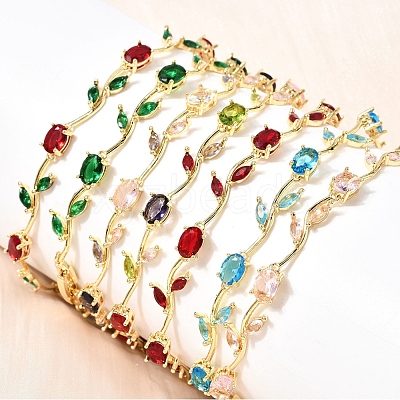 Leaf Brass Micro Pave Cubic Zirconia Link Chain Bracelets for Women BJEW-D455-01G-1