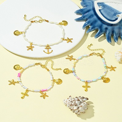 Starfish & Cross & Shell Alloy Charm Bracelet BJEW-FS00015-1