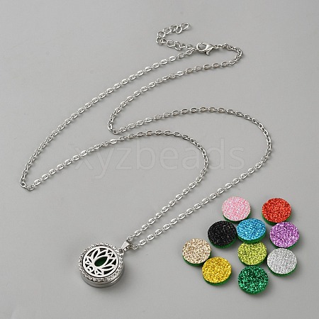Stainless Steel Flat Round with Lotus Flower Essential Oil Diffuser Locket Pendant Necklaces for Women NJEW-WH0023-72-1